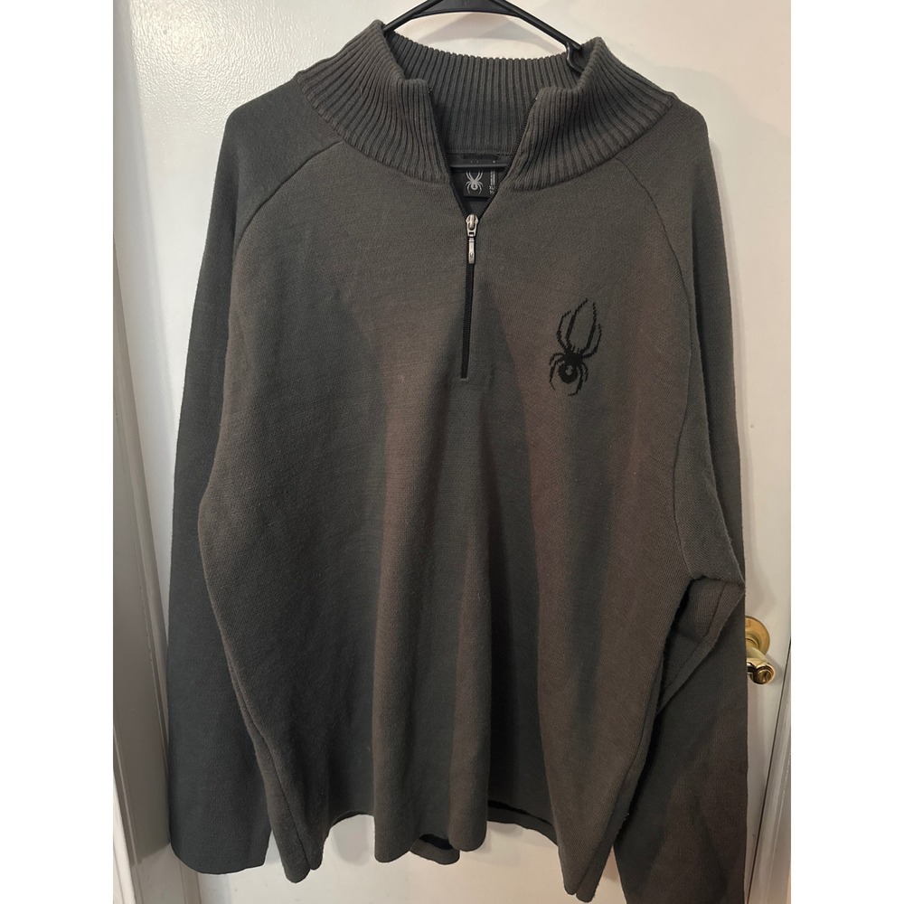 Spyder Mens XL Quarter Zip Sweater Charcoal Gray Mock Neck Pullover Knit Logo